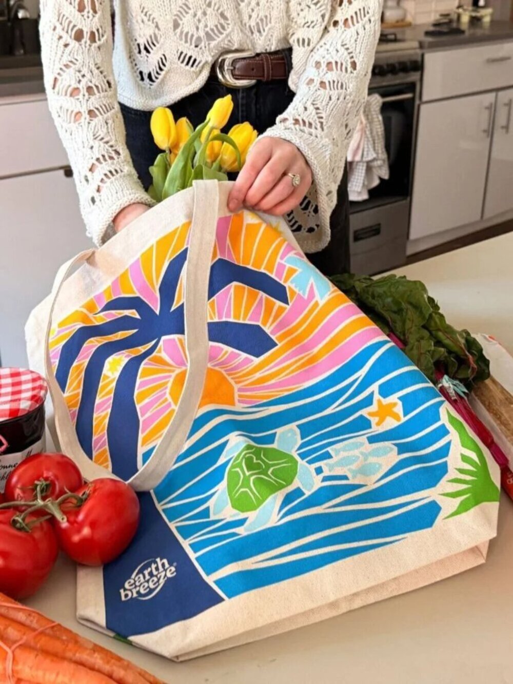 New Earth Breeze ocean conservation turtle tropical palm beach canvas tote bag